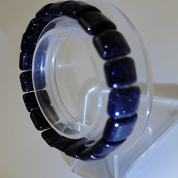 Blue Sandstone Sparkle Aventurine Glass 15mm Beaded Stretch Bracelet - Picture 4 of 6